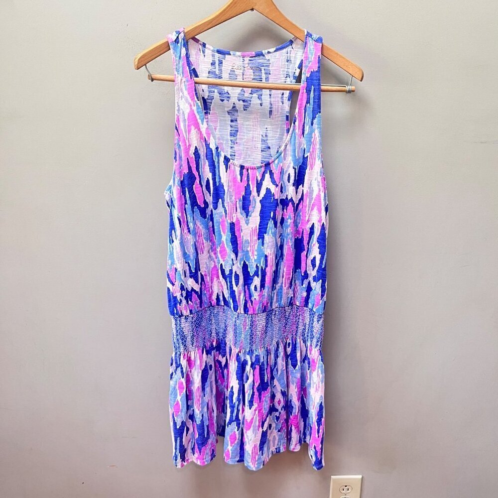 Lilly Pulitzer Women's Sleeveless Smocked Dress Size M Cotton & Modal Blue & Pin